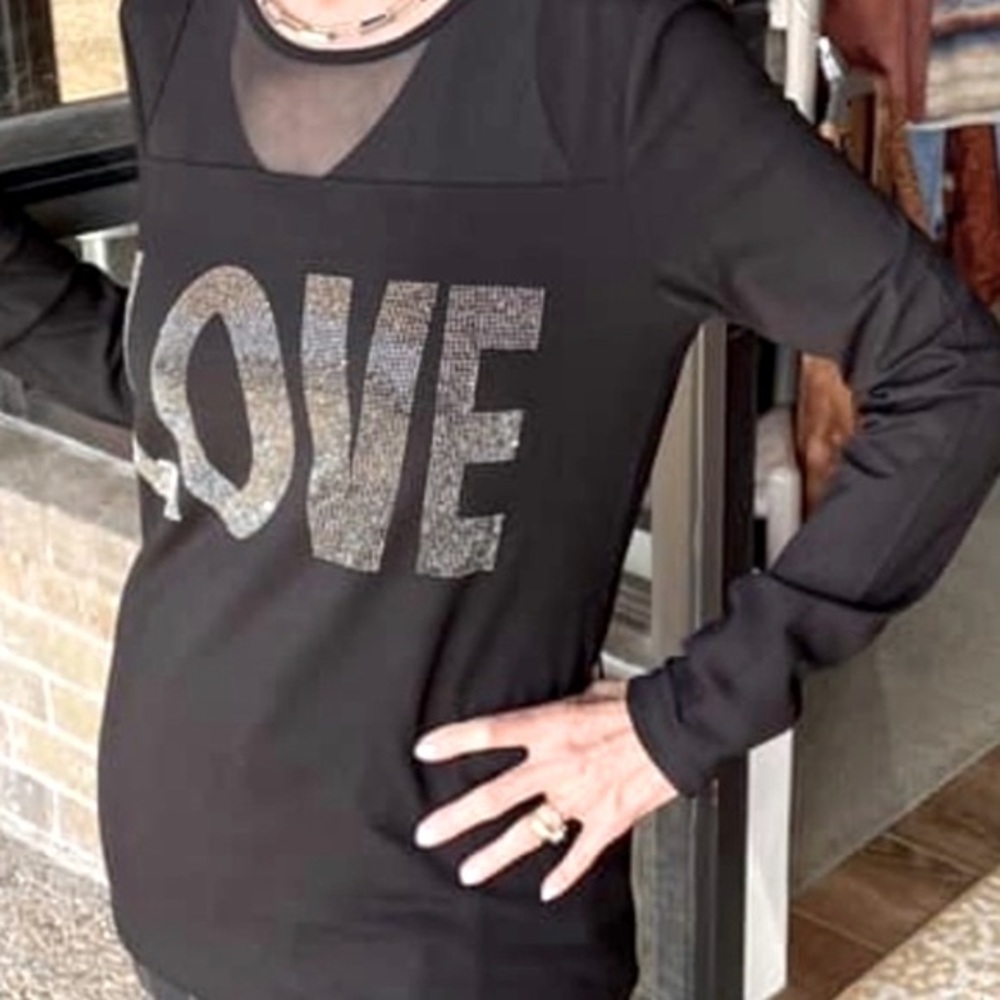 TRICOTTO Jane & John Women's Black L/S Top LOVE Gold Beading Sheer Medium NEW